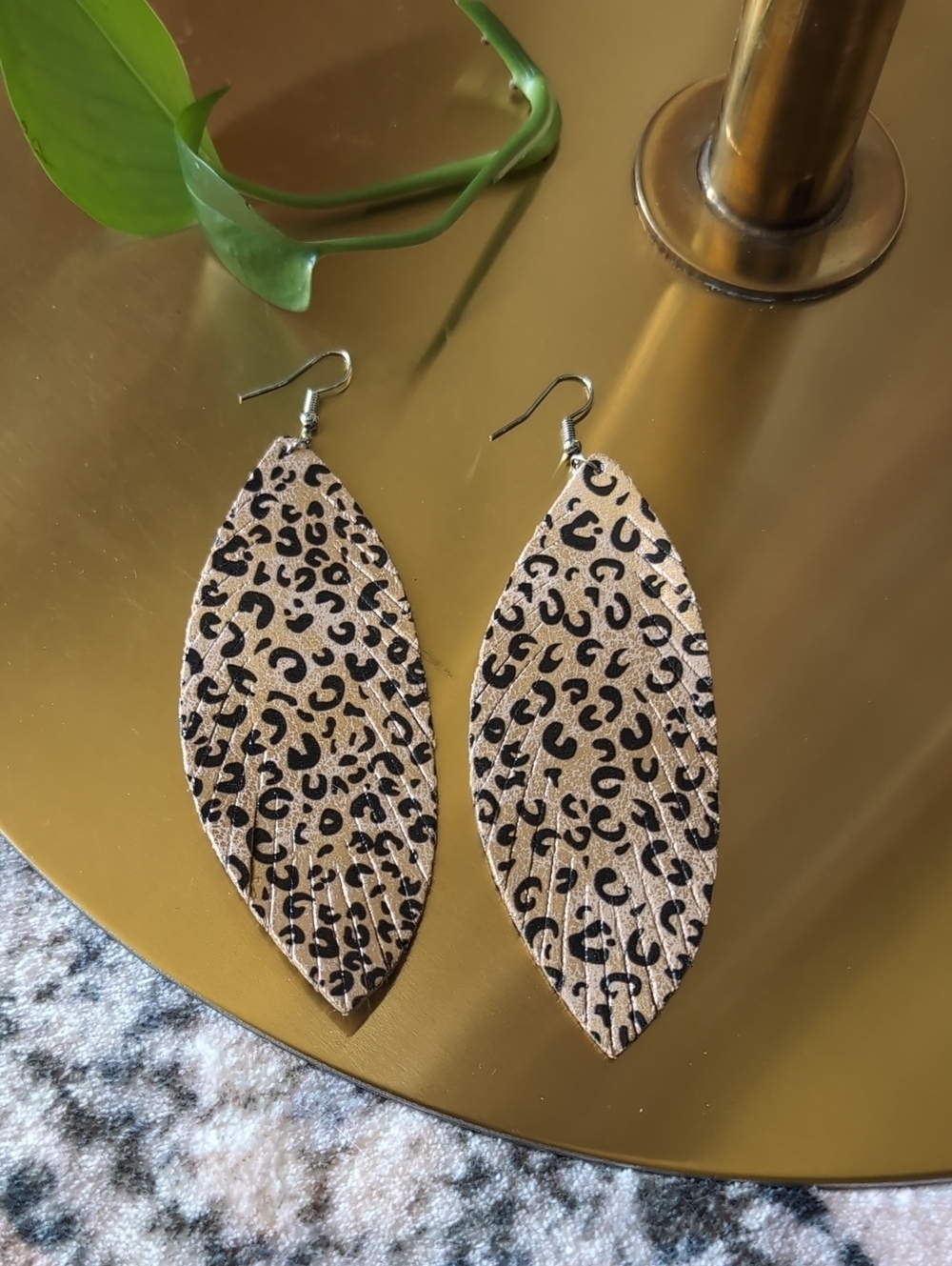 Faux Leather Metallic Rose Gold Tan and Black Animal Print Drop Earrings